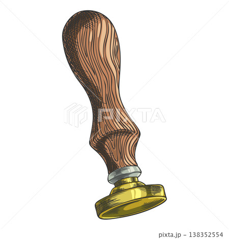 Postmark, round stamp with wooden handle vector sketch, vintage postage seal stamper for mail paper letter and documents Postmark, round stamp with wooden handle vector sketch, vintage postage seal stamper for mail paper letter and documents 138352554