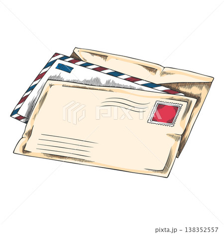 Close envelopes with postage stamp vector color hand drawn paper letter envelopes sketch, postal mail messages isolated Close envelopes with postage stamp vector color hand drawn paper letter envelopes sketch, postal mail messages isolated 138352557