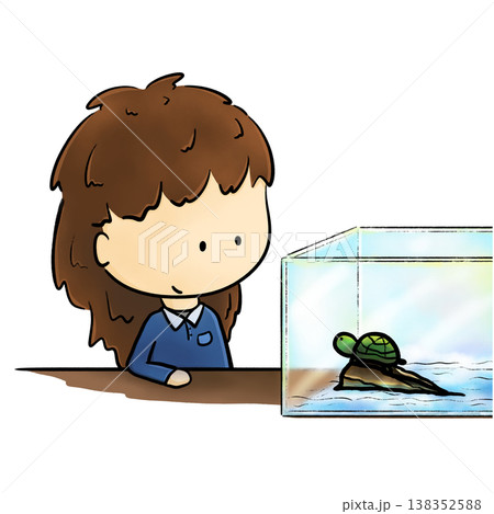 School girl observing a turtle in glass tank cartoon illustration School girl observing a turtle in glass tank cartoon illustration 138352588
