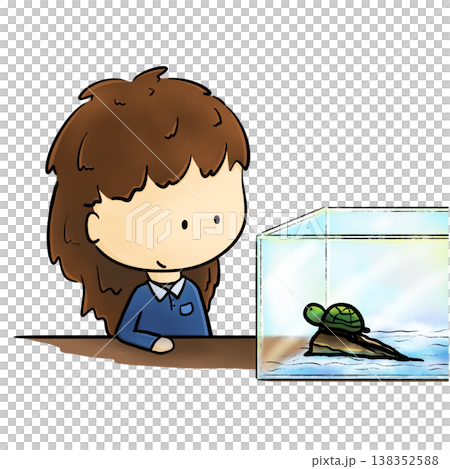 School girl observing a turtle in glass tank cartoon illustration 138352588