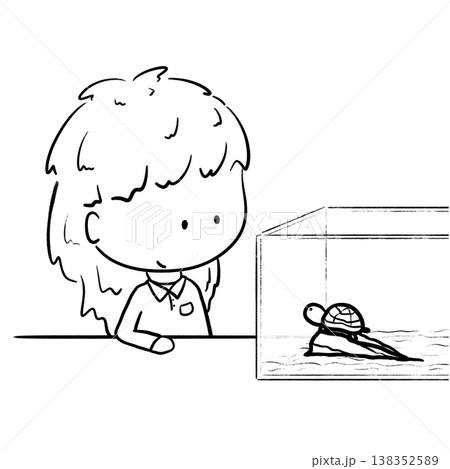 School girl observing a turtle in tank cartoon outline illustration 138352589