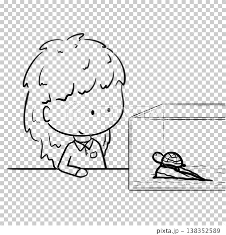 School girl observing a turtle in tank cartoon outline illustration School girl observing a turtle in tank cartoon outline illustration 138352589