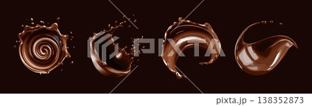 Chocolate liquid splashes. Cocoa milk swirl flow drip realistic splash, melt choco sauce syrup wave drop cacao dessert sweet candy creamy 3d element isolated vector illustration 138352873