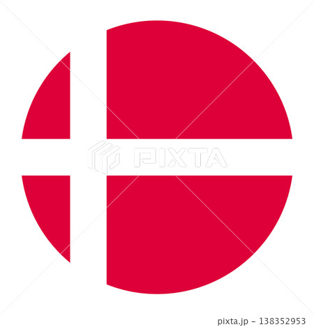 Circular Danish national flag symbol. Nordic cross emblem for travel, hygge and language. Circular Danish national flag symbol. Nordic cross emblem for travel, hygge and language. 138352953