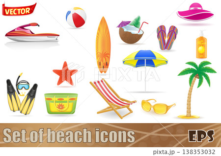 set of beach icons and accessories vector illustration set of beach icons and accessories vector illustration 138353032