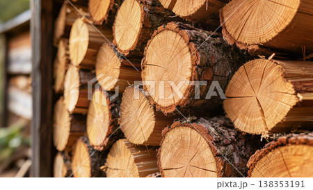 A stack of sawn logs, an image for advertising fuel, fireplaces and heating systems, against the backdrop of a forest, fields or a village yard in atmospheric natural light with space below the text. A stack of sawn logs, an image for advertising fuel, fireplaces and heating systems, against the backdrop of a forest, fields or a village yard in atmospheric natural light with space below the text. 138353191