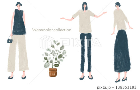 おしゃれな女性のライフスタイル水彩風ベクターイラストセット おしゃれな女性のライフスタイル水彩風ベクターイラストセット 138353193