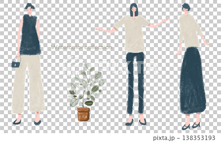 おしゃれな女性のライフスタイル水彩風ベクターイラストセット おしゃれな女性のライフスタイル水彩風ベクターイラストセット 138353193