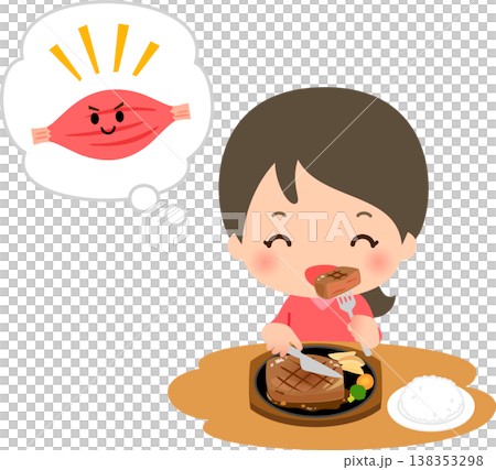 A young woman eating steak to build muscle A young woman eating steak to build muscle 138353298