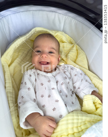 Baby in stroller bassinet with rattle and plush goose 138353415