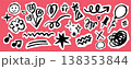 Festive Scribble Doodle Set. Fun Scrapbook hand drawn party elements in childish crayon style. Cute kids stickers with balloons, flowers, stars, hearts, party hat, confetti, sparkles with cutout edges 138353844