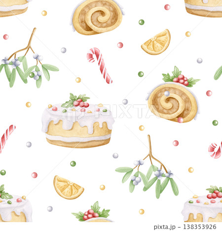Hand drawn Christmas desserts and mistletoe watercolor seamless pattern on white. Candy cane, decorated cake, Yule log and dried orange background for New Year festive wrapping paper with holiday food 138353926