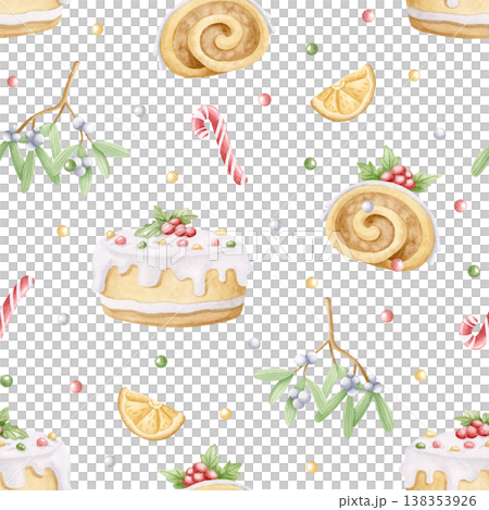 Hand drawn Christmas desserts and mistletoe watercolor seamless pattern on white. Candy cane, decorated cake, Yule log and dried orange background for New Year festive wrapping paper with holiday food 138353926