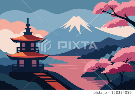 Traditional Japanese landscape with pagoda, Mount Fuji and cherry blossoms. Illustration. Traditional Japanese landscape with pagoda, Mount Fuji and cherry blossoms. Illustration. 138354059