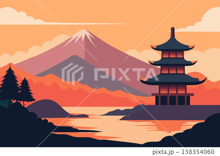 Traditional Japanese landscape with Mount Fuji and pagoda at sunset. Nature illustration. 138354060