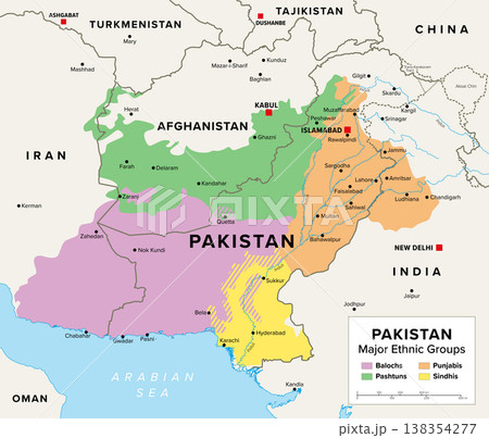 Pakistan, major ethnic groups, political map. Balochs, Pashtuns, Punjabis and Sindhis, main ethnolinguistic groups of Islamic Republic of Pakistan, also extending into neighboring countries. Vector Pakistan, major ethnic groups, political map. Balochs, Pashtuns, Punjabis and Sindhis, main ethnolinguistic groups of Islamic Republic of Pakistan, also extending into neighboring countries. Vector 138354277