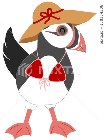 Cute Puffin in Red Bikini and Straw Hat - Summer Vacation Sea Bird Illustration 138354306
