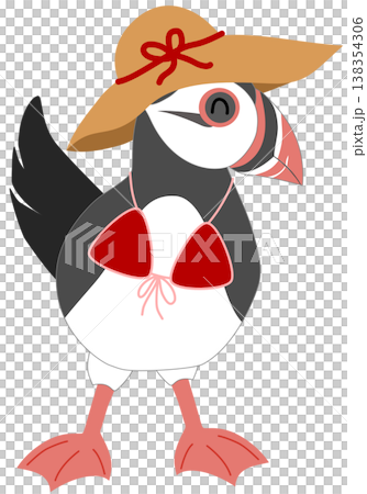 Cute Puffin in Red Bikini and Straw Hat - Summer Vacation Sea Bird Illustration Cute Puffin in Red Bikini and Straw Hat - Summer Vacation Sea Bird Illustration 138354306