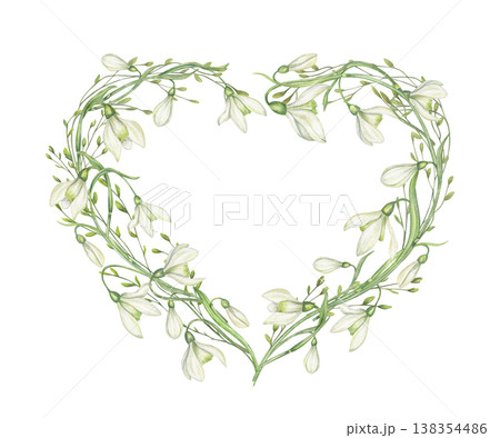Watercolor Snowdrop flowers in heart shape illustration on isolated background. White Galanthus on green stems border with copy space. Spring floral template for greeting card, wedding invitation Watercolor Snowdrop flowers in heart shape illustration on isolated background. White Galanthus on green stems border with copy space. Spring floral template for greeting card, wedding invitation 138354486