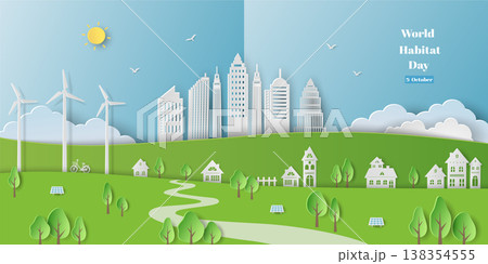 Poster campaign of world habitat day,paper cut style on blue background 138354555