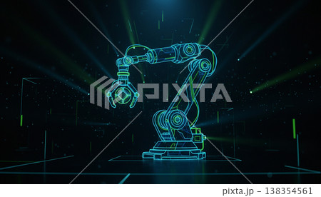 Futuristic Robotic Arm Digital Grid Interface Background 138354561