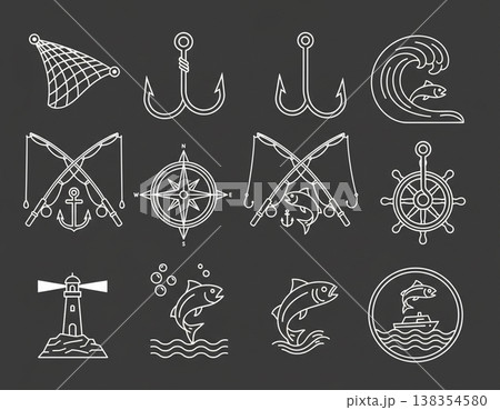 Fishing and Nautical Line Icon Set Vintage Style Fishing and Nautical Line Icon Set Vintage Style 138354580
