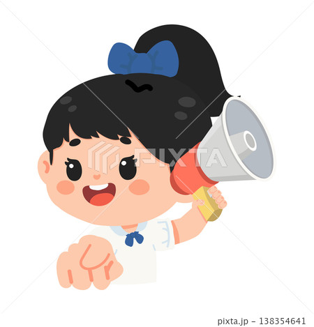 Girl student holding megaphone and pointing forward Girl student holding megaphone and pointing forward 138354641
