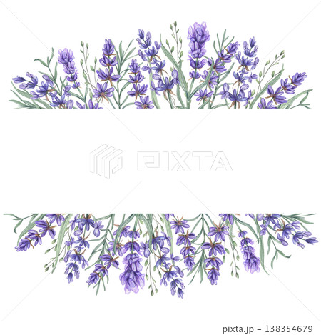 Watercolor purple Lavender flowers border on isolated background. Lilac wildflowers with leaves template. Empty space for text. Mediterranean summer wildflowers border for wedding invitations 138354679