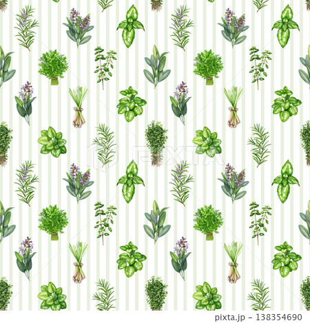 Hand drawn seamless pattern with thyme, lemongrass, sage, rosemary, marjoram, basil. Watercolor culinary herbs botanical illustration spice plants background for kitchen, packaging and textile design. 138354690