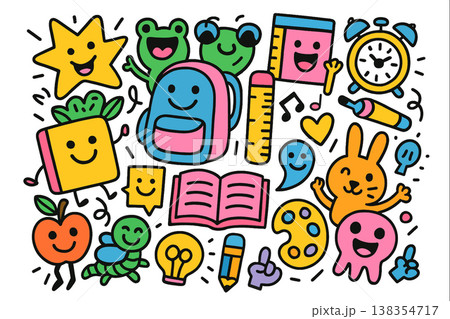 Colorful doodle school supplies, backpack, clock, ruler, and happy cartoon animals, playful mood Colorful doodle school supplies, backpack, clock, ruler, and happy cartoon animals, playful mood 138354717