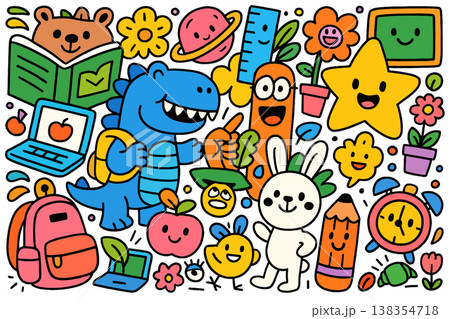 Dinosaur, rabbit, ruler, star, flower, and school supplies in cheerful cartoon doodle style Dinosaur, rabbit, ruler, star, flower, and school supplies in cheerful cartoon doodle style 138354718