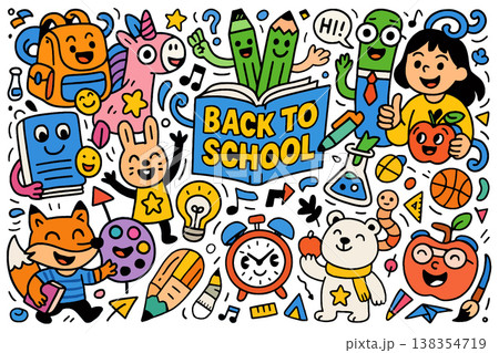 Back to school colorful doodle with happy children, animal, supplies, and playful elements 138354719