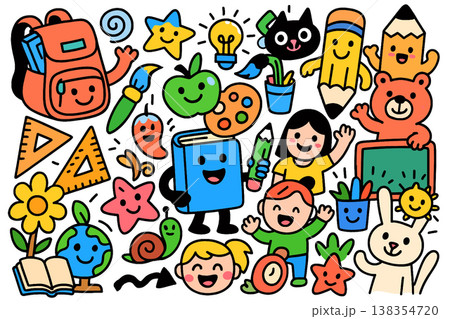 School children book pencil backpack happy doodle colorful education learning 138354720