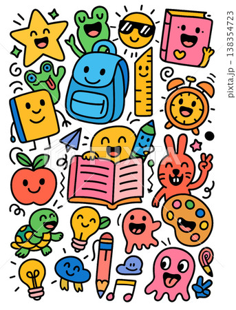 Cheerful school doodle with backpack, book, ruler, alarm clock, apple, and happy cartoon faces 138354723