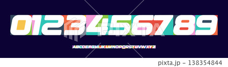 Bold Italic Color Numbers Letters Alphabet Font for Kid Birthday Years Logo, Corporate Anniversary Sign, Race Sport Team Jersey Numeric. Colorful Paper Typographic Design. Vector Illustration 138354844