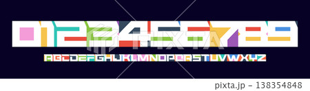 Color Numbers Letters Alphabet Font for Kid Birthday Years Logo, Corporate Anniversary Sign, Race Sport Team Jersey Numeric. Colorful Cutout Paper Typographic Design. Sports Num. Vector Illustration 138354848