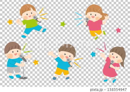 An illustration of energetic children singing into microphones. An illustration of energetic children singing into microphones. 138354947