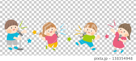 マイクで歌う子供4人のイラスト マイクで歌う子供4人のイラスト 138354948