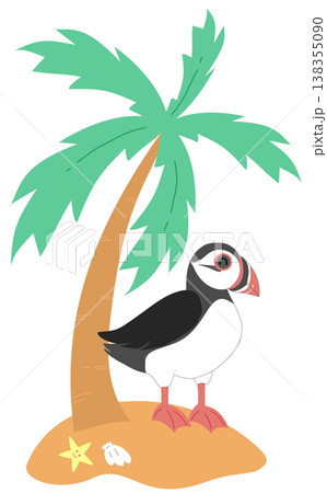 Cute Puffin Bird on Tropical Island - Summer Beach with Palm Tree Illustration 138355090