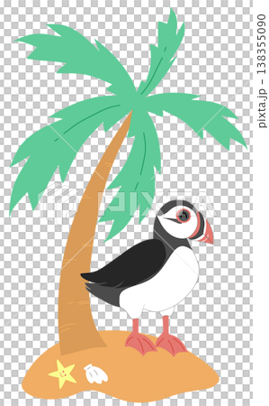 Cute Puffin Bird on Tropical Island - Summer Beach with Palm Tree Illustration 138355090