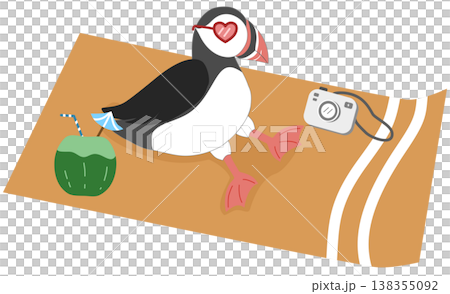 Cute Puffin Relaxing on Beach Mat - Summer Vacation with Coconut and Camera Illustration Cute Puffin Relaxing on Beach Mat - Summer Vacation with Coconut and Camera Illustration 138355092