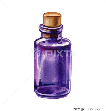 Lavender essential oil bottle watercolor clipart isolated on light background with purple glass and spa botanical style Lavender essential oil bottle watercolor clipart isolated on light background with purple glass and spa botanical style 138355313