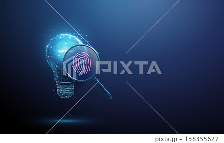 3d light bulb under magnifying glass with fingerprint inside. Idea verification, intellectual property check, secure research assessment, protected innovation concept. 138355627