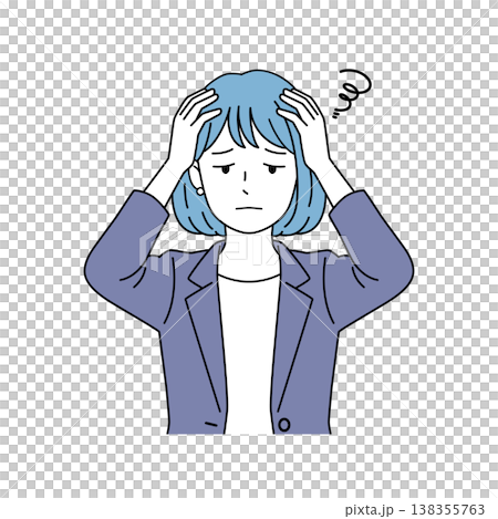 Vector illustration of a female business person with a troubled expression, holding her head in her hands. Vector illustration of a female business person with a troubled expression, holding her head in her hands. 138355763
