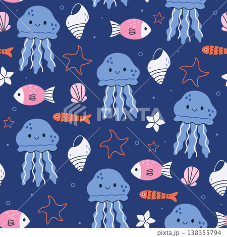 Seamless pattern with cute funny sea animals. Vector graphics. 138355794