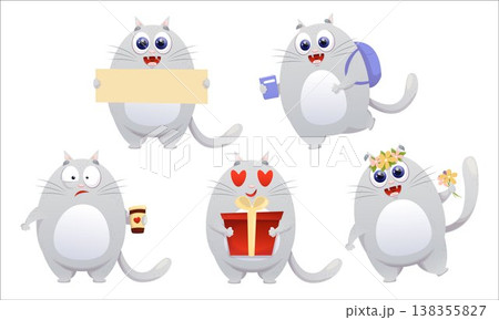 A set of flat vector images of cute kittens. Cat, flat, kitten, emotions, comic 138355827