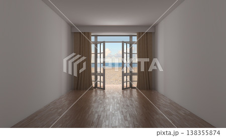 Empty Coastal Room with Open Doors to Beach and Ocean Empty Coastal Room with Open Doors to Beach and Ocean 138355874