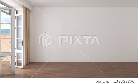 Empty Sunlit Room with Open Door to Beach and Ocean Empty Sunlit Room with Open Door to Beach and Ocean 138355876