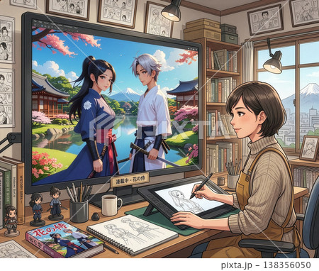 漫画家が作業机で原稿を描くシーン 漫画家が作業机で原稿を描くシーン 138356050