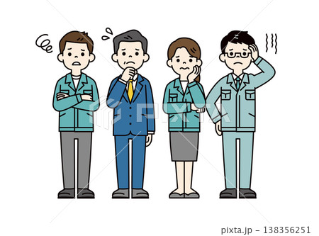 トラブルを抱える社長・経営者と作業服を着た男女の従業員の全身ベクターイラスト素材セット トラブルを抱える社長・経営者と作業服を着た男女の従業員の全身ベクターイラスト素材セット 138356251